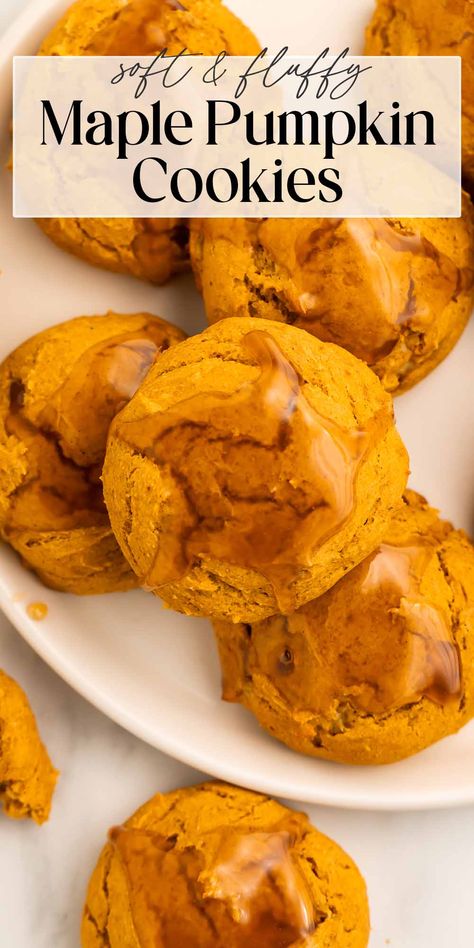 Welcome in autumn with a batch of these soft, cakey pumpkin cookies! They're a true indulgence, with notes of actual pumpkin, pumpkin pie spice, and maple syrup, not to mention the sweet maple glaze that elevates them to a whole 'nother level. Plus, they're gluten free, dairy free, and refined sugar free, and they're even easy to make without eggs if needed. Maple Syrup Cookies, Maple Desserts, Gluten Free Pumpkin Cookies, Pumpkin Cookies Healthy, Vegan Pumpkin Cookies, 40 Aprons, Pumpkin Sugar Cookies, Maple Pumpkin, True Autumn