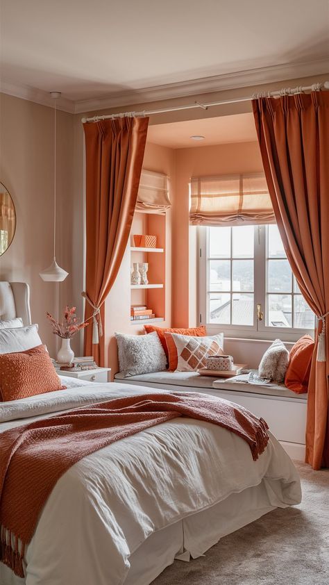 15 Jaw-Dropping Bedroom Transformations with Orange Accents You NEED to See! - Mom Loves Home Burnt Orange Bedroom, Clean Room Aesthetic, Orange Armchair, Designed Bedroom, Orange Bedroom Ideas, Stylish Floor Lamp, Orange Bedroom, Aesthetic Orange, Orange Throw Pillows