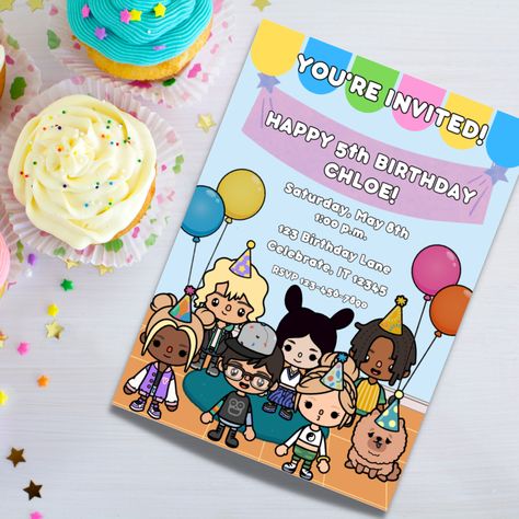 Toca Boca Birthday Party Ideas, Toca Life Birthday Party, Toca Boca Birthday, Happy 5th Birthday, Girl Birthday Cards, Party Invitations Kids, Digital Invite, Toca Life, Custom Kids