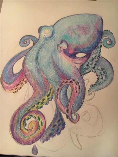 Octopus colored pencil Octopus Color Pencil Drawing, Colored Pencil Octopus, Octopus Drawing Color, Colored Pencil Fish Drawing, Tree Sprite, Ocean Drawings, Octopus Colors, Sea Creatures Drawing, Sea Nymph