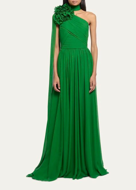 Elie Saab Spring 2023, Elie Saab Dresses, Made Of Honor, Georgette Gown, Elie Saab Spring, Designer Evening Gowns, Green Spring, Silk Gown, Gowns Of Elegance