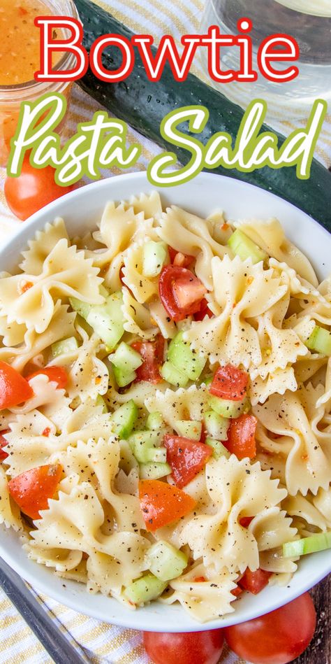 This five ingredient zesty Italian tomato and cucumber bowtie pasta salad is super easy and great for lunch, BBQ's, potlucks and picnics! A crowd pleasing family favorite recipe! Easy Summer Side Dishes For A Crowd, Italian Bowtie Pasta Recipes, Super Easy Side Dishes, Bow Tie Pasta Salad Recipes, Pasta Salad With Cucumbers And Tomatoes, Bowtie Pasta Salad Recipes, Easy Bowtie Pasta Salad Recipes, Bow Tie Pasta Salad, Easy Bow Tie Pasta Salad Recipes