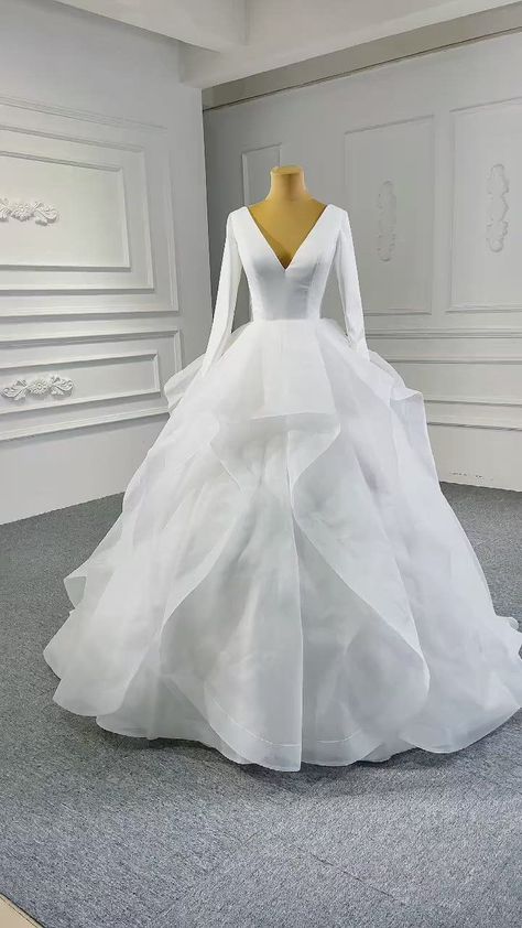 Simple Ballgown Wedding Dress With Sleeves, Long Sleeve V Neck Wedding Dress, Wedding Ball Gown With Sleeves, Wedding Dresses With Sleeves Ball Gown, Simple Ball Gown, Long Sleeve Wedding Dress Ball Gown, Ruffled Wedding Dress, Wedding Gown Patterns, Long Sleeve Ball Gown Wedding Dress