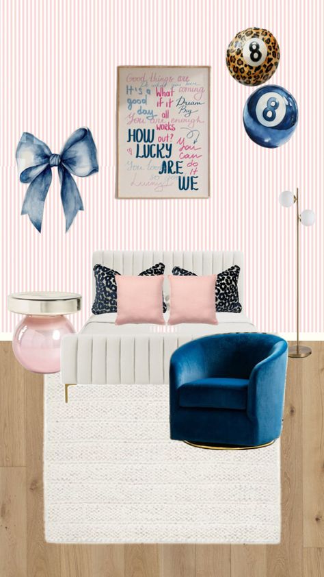 navy and pink decor Pink And Blue Guest Room, Navy Blue And Pink Living Room Ideas, Navy Blue Bedframe Room Decor, Navy And Hot Pink Bedroom, Pink And Blue Apartment Decor, Bedroom Color Themes, Pink And Blue Bedroom Aesthetic, Pink And Navy Room, Pink Coastal Room