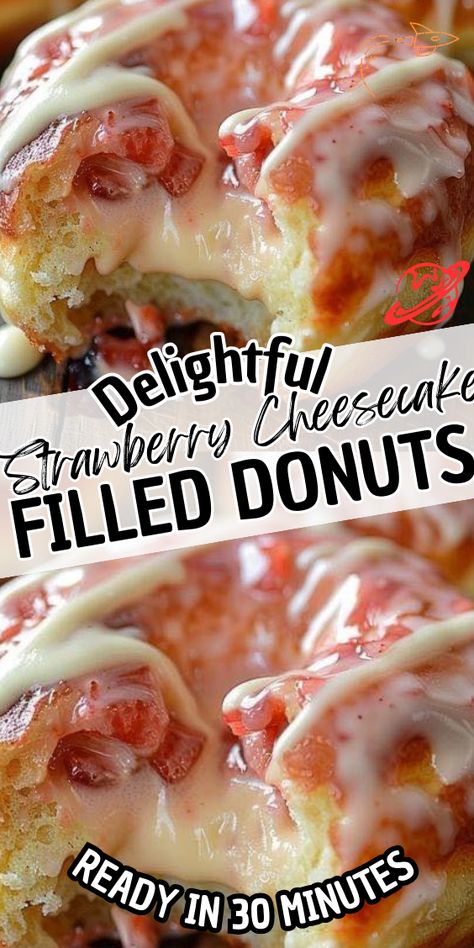 Delightful Strawberry Cheesecake Filled Donuts Vanilla Cake Donuts With Strawberry Glaze, Strawberry Cream Cheese Donut, Raspberry Filled Donuts Recipe, Strawberry Shortcake Donut, Strawberry Cheesecake Stuffed Doughnut, Strawberry Cheesecake Donut, Donut Cheesecake, Strawberry Cream Cheese Filling, Strawberry Doughnut