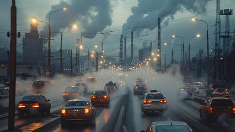 Urban Pollution Crisis, Heavy Traffic and Industrial Smoke in an Environmental Disaster Zone stock image Iphone Wallpaper Photography, Road Safety, Pollution, Stock Images, Photography, Design