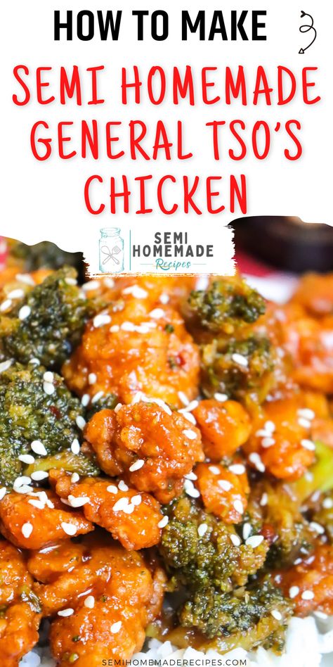 This General Tso’s Chicken is one of our favorite Chinese restaurant take out menu items with a Semi Homemade Twist. Popcorn chicken, General Tso’s sauce, and frozen broccoli come together for a quick and easy dinner idea! General Tsaos Chicken Recipe, General Taos Chicken, General Tao Chicken, Easy General Tso Chicken, Popcorn Chicken Recipe, General Tso's Chicken, Frozen Chicken Nuggets, Tso Chicken, Take Out Menu