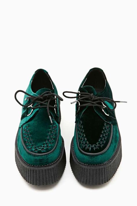 T.U.K. Mondo Velvet Creeper - Green - Platforms | Newly Added | Platforms | Flats Green Velvet Shoes, Green Flats Shoes, Velvet Creepers, Black Velvet Shoes, Creepers Shoes, Shoes Green, Velvet Shoes, Lace Up Flats, Green Shoes