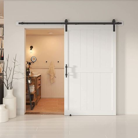 48''x84'' Sliding Barn Door with 8 Ft Barn Door Hardware Kit& Handle& Floor Guides,Pre-Drilled Holes Easy Assembly -  White Bypass Barn Door, White Barn Door, Wood Barn Door, Double Barn Doors, Door Hardware Interior, Space Saving Solutions, Folding Doors, Home Doors, White Paneling