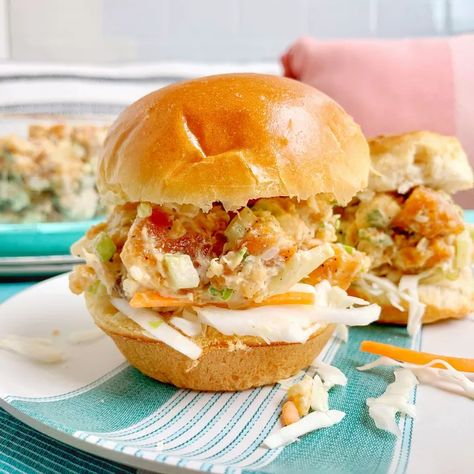 Fried Chicken Salad Sliders | Foodtalk Chicken Salad Sliders, Leftover Fried Chicken, Fried Chicken Sliders, Fried Chicken Salad, Over Fried Chicken, Chicken Tender Salad, Creamy Chicken Salad, Fried Chicken Salads, Fried Chicken Skin