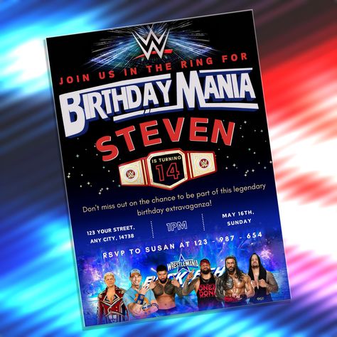 #wrestlemaniabirthday #wrestling #wrestlemania #wwebirthday #wweinvitations #wweinvites #boysbirthday Wwe Birthday Invitations Free, Wwe Invitations, Wrestling Party Ideas, Wrestlemania Party, Wwe Birthday Party Ideas, Wrestling Birthday, Wrestling Party, Wwe Birthday Party, Wwe Party