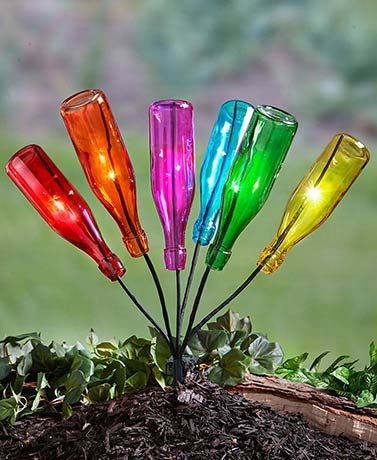 Garden Decor, Front Lawn Decorations, LED Solar Lights | Lakeside Wine Bottle Trees, Garden Escape, Bottle Trees, Evergreen Garden, Empty Wine Bottles, Bottle Tree, Metal Bottle, Bottle Garden, Wine Decor