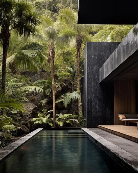 MODERN ARCHITECTURE | Designed by: @miladeshtiyaghi Black Jungle House Follow @minimalismoarchitecture for more !!! Would you live here? #black #jungle… | Instagram Black House Backyard, Modern Bali House, Dark Beach House, Modern House Design Exterior Luxury, Modern Jungle House, House In Jungle, Jungle House Architecture, Island House Exterior, Dark Jungle House Aesthetic