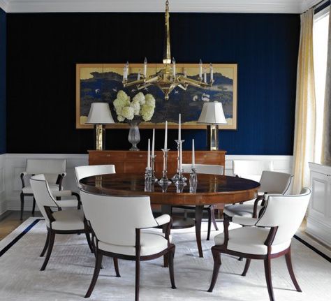 Blue Velvet Dining Room Chairs, Blue Dining Room Decor, Navy Dining Chairs, Dining Room Navy, Velvet Dining Room Chairs, White Wainscoting, Transitional Dining Room, Dining Room Blue, Dining Room Art