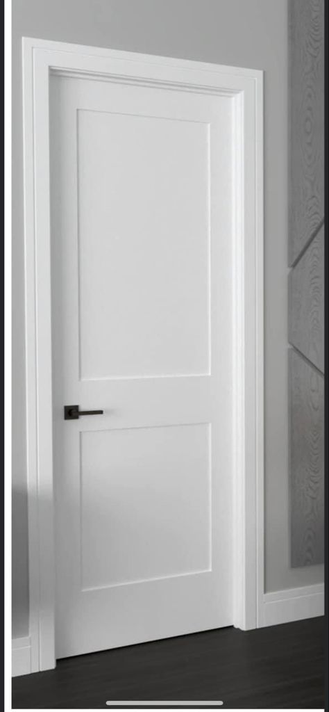 Interior Doors For Farmhouse Style, White Interior Door With Black Hardware, White 2 Panel Door With Black Hardware, Modern Home Trim Ideas, White Bedroom Doors With Black Handles, White Trim And Doors Interior, Indoor Doors Farmhouse, Plain White Doors Interior, Doors For Interior