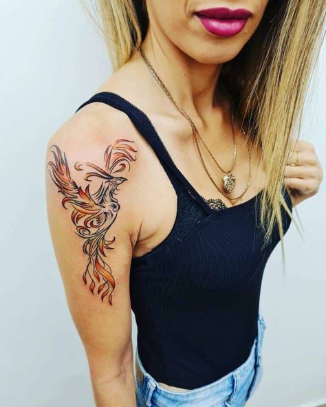 Thigh Phoenix Tattoo, Phoenix Tattoos For Women, A Phoenix Tattoo, Tebori Tattoo, Watercolor Phoenix Tattoo, Self Tattoo, Imperial Design, Mythical Bird, Phönix Tattoo