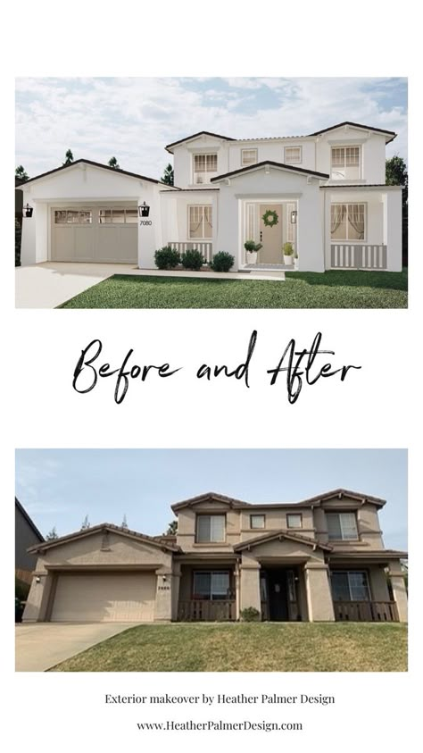 Exterior makeover before and after. A tired boring 90’s stucco home gets a fresh CA style makeover. White Craftsman Exterior, Stucco Exterior Makeover, Exterior Renovation Before And After, Stucco And Brick Exterior, Exterior Remodel Before And After, Stucco Exterior Colors, White Stucco Exterior, Exterior Home Makeover, Home Remodeling Exterior