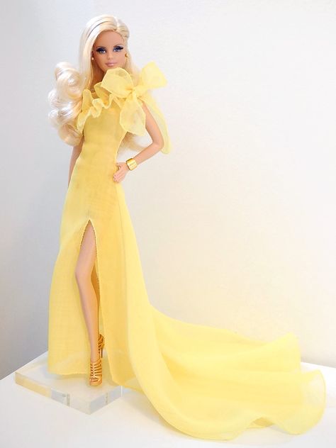 Barbie~Custom Yellow Georgette One-Shoulder Gown w/Ruffled Neckline Train. Yellow Barbie, Yellow Lace Dress, Yellow Lace Dresses, Barbie Wardrobe, Barbie Gowns, Im A Barbie Girl, Beautiful Barbie Dolls, Blue Gown, Black Barbie