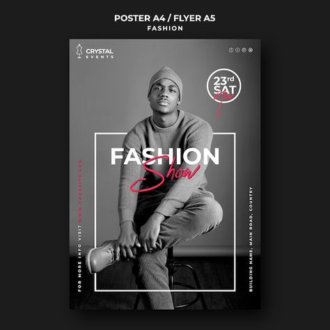 Fashion show male model poster template | Free Psd #Freepik #freepsd #vogue #model-poster #fashion-show #fashion-poster Model Poster, Fashion Sale Banner, Cafe Posters, Poster Template Free, Flyer Free, Fashion Poster Design, Fashion Banner, Blog Banner, Fashion Background