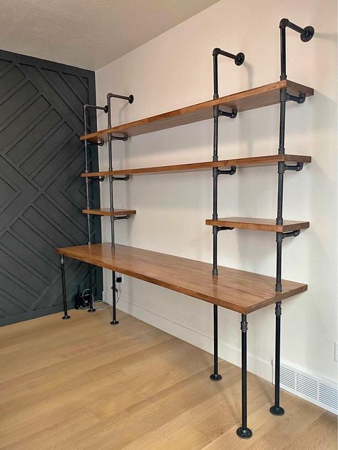 Industrial Shelves Bedroom, Rustic Office Shelves, Black Pipe Ideas, Steam Punk Bedroom, Shelves For Small Spaces, Industrial Computer Desk, Home Office Industrial, Pipe Shelving, Industrial Home Offices