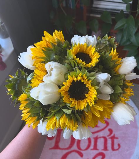 Adding a little ✨spice to this sunflower and tulip bouquet. ______ #Florist #FlowerArrangements #BloomDesign #FloralArt #FlowerShop #PetalPerfection #FreshFlowers #FloralDesign #BouquetInspiration #FlowerLove #GardenStyle #BotanicalBeauty #FloralCreativity #EventFlorist #WeddingFlowers #FlowerDecor #FlowerMagic #FloralCraftsmanship #charlottencflorist #FloralChic #FlowerPower Sunflowers And Tulips Bouquet, Tulip And Sunflower Bouquet, Sunflowers And Tulips, Tulip Bouquet Wedding, Girlfriend Proposal, Night Accessories, Tulip Wedding, Bloom Where Youre Planted, Sunflower Bouquets