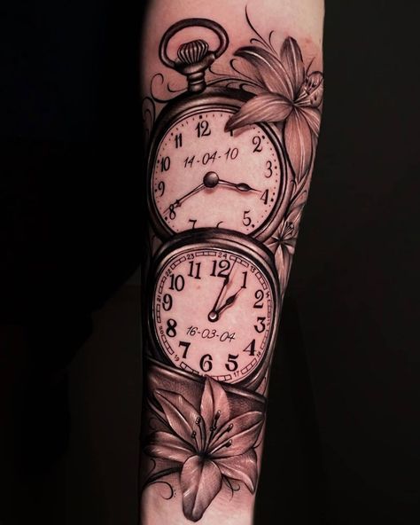 Dual Clock & Flower Sleeve Tattoo Women Inside Arm Tattoo, Time After Time Tattoo, Clock Sleeve Tattoo For Women, Unique Clock Tattoos, Birth Flower And Clock Tattoo, Double Clock Tattoo Design, Clock Tattoo For Kids Births, Feminine Clock Tattoo Design, Flower And Clock Tattoo For Women