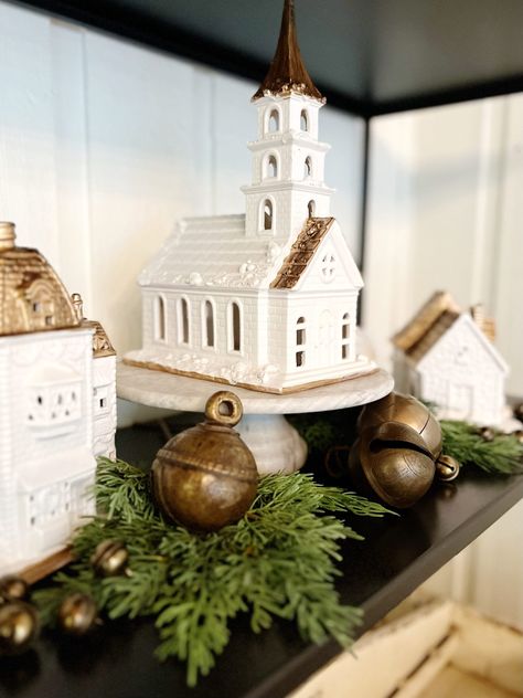 White And Gold Christmas Village, Modern Christmas Village Houses, Christmas Village In Kitchen, Christmas Village Painted White, White Village Christmas Houses Diy, Update Christmas Village, Diy White Christmas Village, Modern Christmas Village Display, Painted Christmas Village Houses