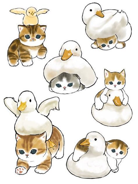 Cute Duck Drawing Kawaii, Cute Ducks Drawings, Duck Cute Art, Cute Duck Drawings, Duck Drawing Cute, Cute Duck Art, Cat Cute Drawing, Cute Cats Drawing, Cute Kitten Art