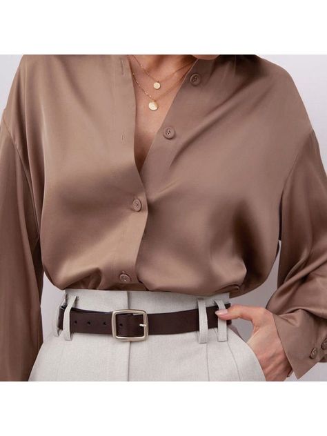 Fashion Blouses, Sweatpants Set, Satin Shirt, Turndown Collar, Elegant Shirt, Blouse Outfit, Grace Kelly, Casual Blouse, Audrey Hepburn