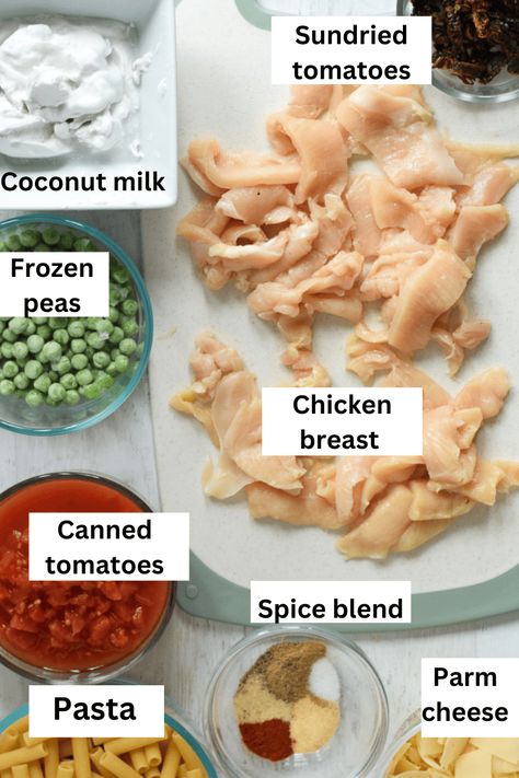 Chicken Pasta with Coconut Milk Chicken Pasta With Coconut Milk, Pasta With Coconut Milk, Coconut Cream Chicken, Coconut Pasta, Cream Chicken Pasta, Pasta High Protein, Postpartum Recipes, Milk Chicken, Coconut Milk Chicken