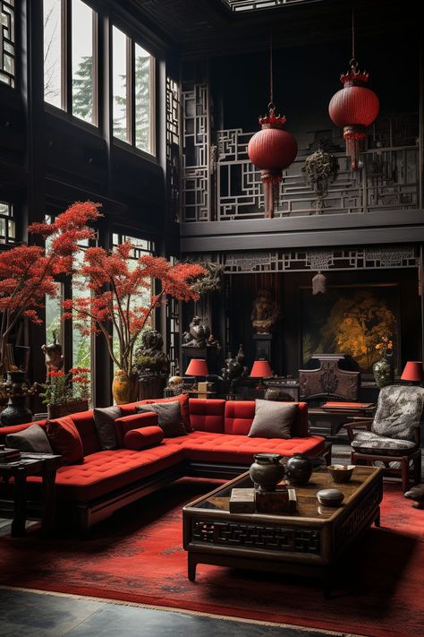 Modern Chinese Home Interior – Red and Dark Wood Accents Asian Home Interior, Chinese Style Room, Dark Japanese Interior, Chinese Living Room Asian Style, Asian House Interior, Chinese Bedroom Traditional, Red House Interior, Chinese Home Interior, New Chinese Style Interior