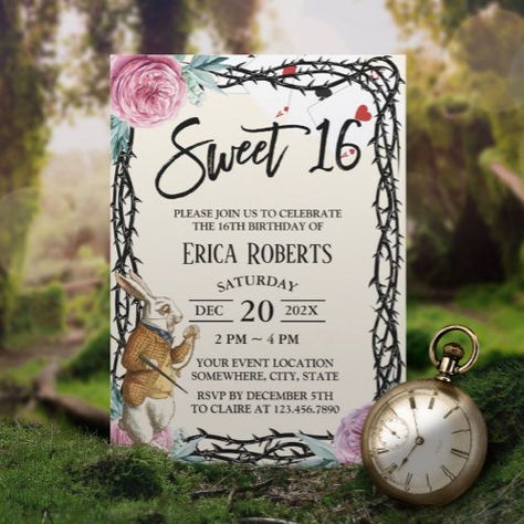 Sweet 16 Alice In Wonderland Floral Thorn Framed Invitation #zazzle #weddinginvitations #birthdayinvitations #babyshowerinvitations #zazzleinvitations #monogram #businesscards #graduation #homedecor Alice In Wonderland Floral, Cute Alice In Wonderland, Wonderland Sweet 16, Wonderland Rabbit, Alice In Wonderland Rabbit, Wonderland Birthday, Alice In Wonderland Birthday, Alice In Wonderland Theme, Sweet 16 Invitations