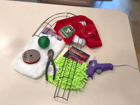 Grinch Tablescape, Dollar Tree Grinch, Grinch Christmas Tree Topper, Grinch Head, Swiffer Mop, Diy Christmas Hats, Santa Scarf, Diy Tree Topper, Car Wash Mitt