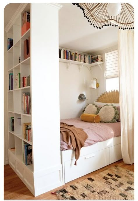 Studio Apartment Makeover, Small Space Studio, Kallax Unit, Bed Threads, Tiny Studio Apartments, Bed Nook, Studio Apartment Living, Apartment Makeover, Public Libraries