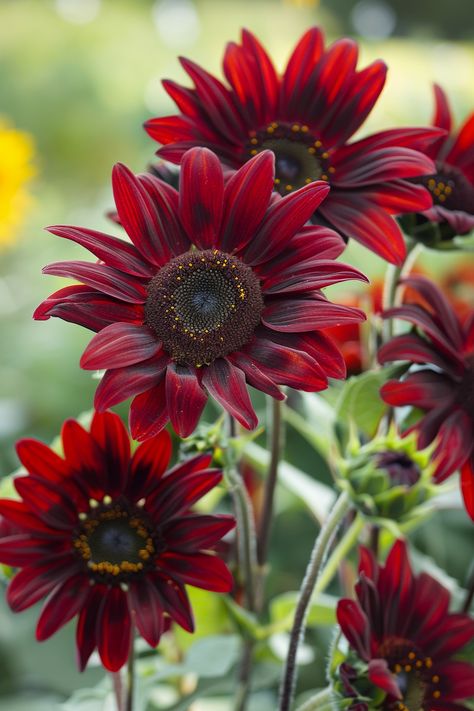 The Chocolate Cherry Sunflower is a breathtaking plant with deep red petals and a chocolate-brown center. Its unique coloration and sunny disposition make it a favorite for summer gardens.  Light: Full sun Water: Regular watering, keep soil moist but not waterlogged Soil: Well-drained, fertile soil Temperature: 70-85°F (21-29°C) Humidity: Low to moderate Fertilizer: Balanced fertilizer every two weeks during growing seasonAttracts butterflies and bees, perfect for pollinator gardens.  Attracts butterflies and bees, perfect for pollinator gardens. Chocolate Cherry Sunflower, Chocolate Sunflower, Summer Gardens, Rice Flower, Sunny Disposition, Red Sunflowers, Helianthus Annuus, Sunflower Garden, Sun Water