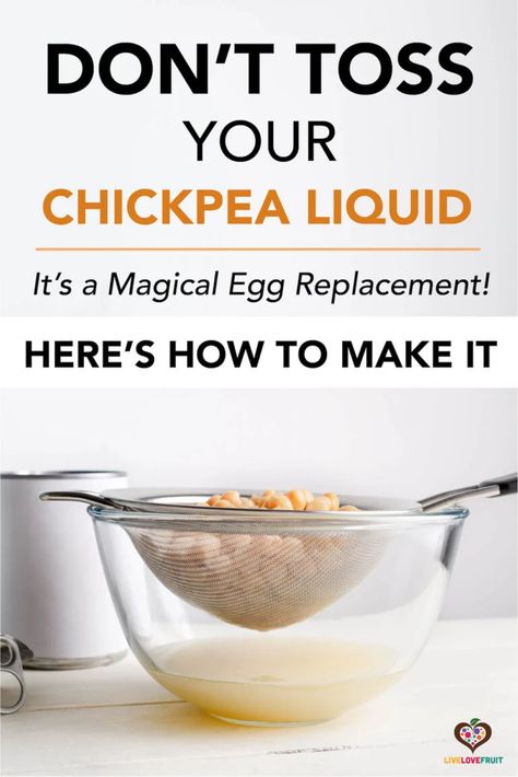 Metal sieve draining aquafaba chickpea water into glass bowl with text - don't toss your chickpea liquid - it's a magical egg replacement! Here's how to make it What To Do With Chickpea Water, Aquafaba Egg Replacer, Chickpea Liquid Recipes, Egg Replacer Recipes, How To Make Aquafaba, Chickpea Water, Aquafaba Recipes, Gf Treats, Food Alternatives