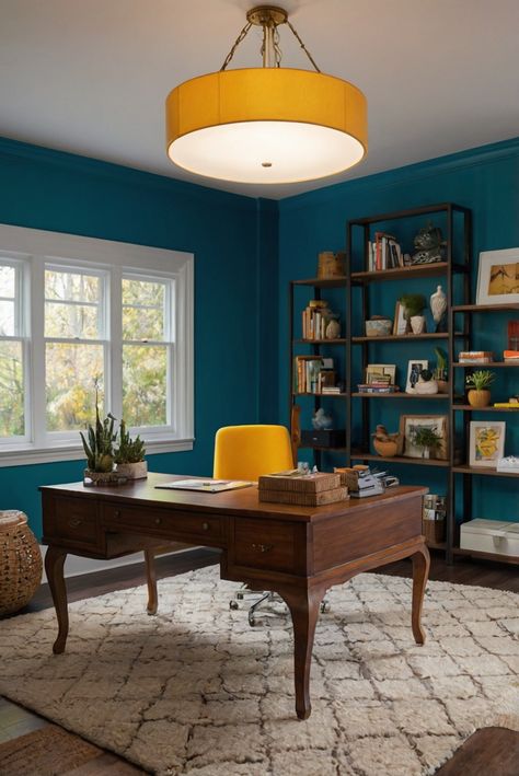 home decorating, home interior design, interior bedroom design, living room interior Bright Office Space, Turquoise Office, Teal Office, Kitchen Colour Combination, Bright Office, Creative Storage Solutions, Small Home Offices, Sleek Furniture, Workspace Inspiration