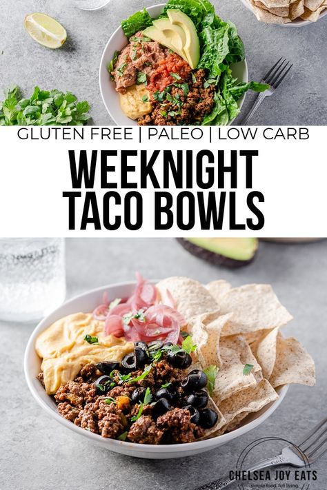 Fast and efficient, these Weeknight Taco Bowls are endlessly customizable but incredibly easy! Use the included taco meat recipe and your favorite toppings to build a nourishing bowl for everyone in your family. Ideas included in the post - and all gluten free and low carb with paleo-friendly and Whole30 options. Healthy Taco Recipes, Taco Meat Recipes, Low Carb Tacos, Paleo Friendly Recipes, Whole30 Dinners, Taco Bowls, High Protein Low Carb Recipes, Pickled Veggies, Grain Free Recipes