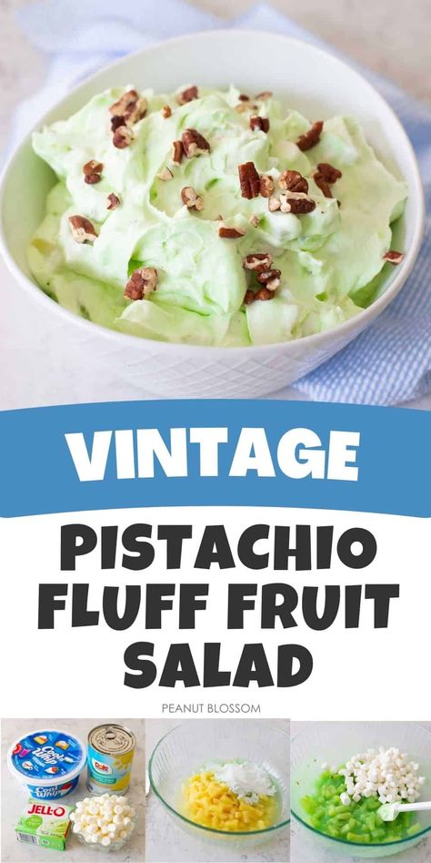 This light and creamy pistachio fluff fruit salad makes a great holiday side dish or no bake dessert. Top it with chopped pecans for color and crunch. Pistachio Fluff Salad Recipe, Pistachio Fluff Dessert, Dessert Fruit Salad, Fruit Salad With Peach Pie Filling, Cottage Cheese Fluff Salad Cool Whip, Fruit Salads With Cool Whip, Millionaire Peach Salad, Five Cup Salad Recipe, Fluff Fruit Salad