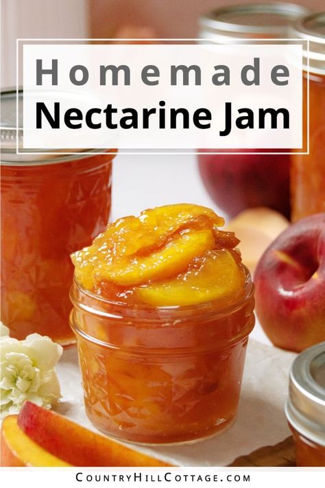 When summer is in full swing, there is no better recipe than this tried-and-true homemade nectarine jam recipe. All you need is ripe nectarines, sugar, a bit of lemon juice, and vanilla. Nectarine jam is versatile and is a delicious topping to so many things. You can spoon it on toasted bread, warm rolls, pancakes, or French toast, or drizzle it over ice cream. Homemade jam also makes thoughtful and much-appreciated gifts to share with family and friends. | CountryHillCottage.com What To Do With Over Ripe Nectarines, Ways To Preserve Nectarines, Nectarine Freezer Jam Recipe, Nectarine Jam With Pectin, Nectarines Canning Recipes, Nectarine Jelly Recipe, Nectarine Jelly, Nectarine Canning Recipes, Canning Nectarines