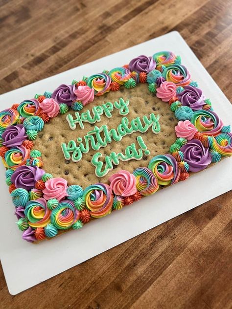 Stacked Cookie Cake Birthday, Decorating Cookie Cakes, Cookie Cake Frosting Designs, Cookie Cake Letter, Girly Cookie Cake, Rectangle Cookie Cake, Square Cookie Cake Decorating Ideas, Cookie Cakes Birthday Designs, Happy Birthday Cookie Cake Designs