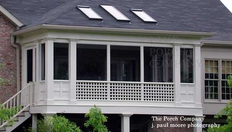 Long narrow screen porch idea with hip roof and skylights Porch Railing Designs, Wood Deck Railing, Screen Porches, Porch And Patio, Porch Kits, Porch Design Ideas, Screened Porch Designs, Canopy Architecture, Porch Addition