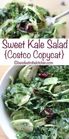 Sweet Kale Salad (Costco copycat recipe) - get the recipe at barefeetinthekitchen.com Brussel Sprout Kale Salad Recipe, Costco Kale Salad Copycat, Costco Salad, Costco Copycat, Sweet Kale Salad, Kale Vegetable, Kale Salad Recipes, Sandwich Fillings, Kale Recipes