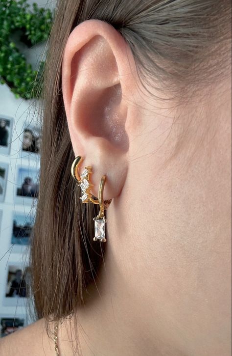 Earrings, gold earrings, gold piercings, 3 ear piercings, diamond earrings, affordable jewlery, gold, elegant, earring stack 3 Ear Piercings, Gold Piercings, Earring Stack, Ear Stack, Earrings Gold, Ear Piercings, Gold Earrings, Diamond Earrings, Piercings