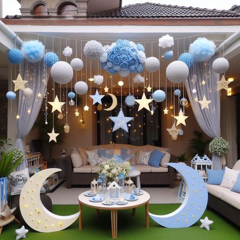 Star Backdrop Ideas, Twinkle Birthday Theme, Cosmic Party Decoration, Galaxy Theme Party Decoration, Baby Shower Twinkle Twinkle Little Star, Starry Night Decorations, Starry Night Baby Shower Theme, Twinkle Twinkle Little Star-baby-showers, Moon Themed Birthday Party