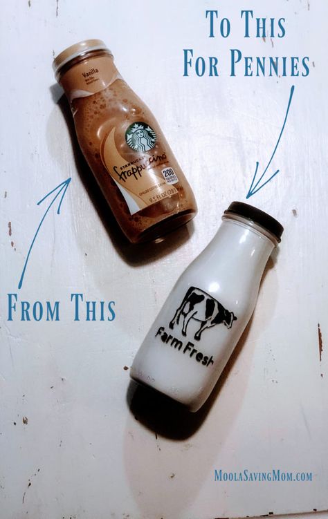 Starbucks Bottle Crafts Diy, Starbucks Frappuccino Bottles Crafts, Starbucks Glass Bottle Crafts, Starbucks Bottle Crafts, Starbucks Glass Bottles, Milk Bottle Diy, Starbucks Frappuccino Bottles, Cute Farmhouse Decor, Thrift Upcycle