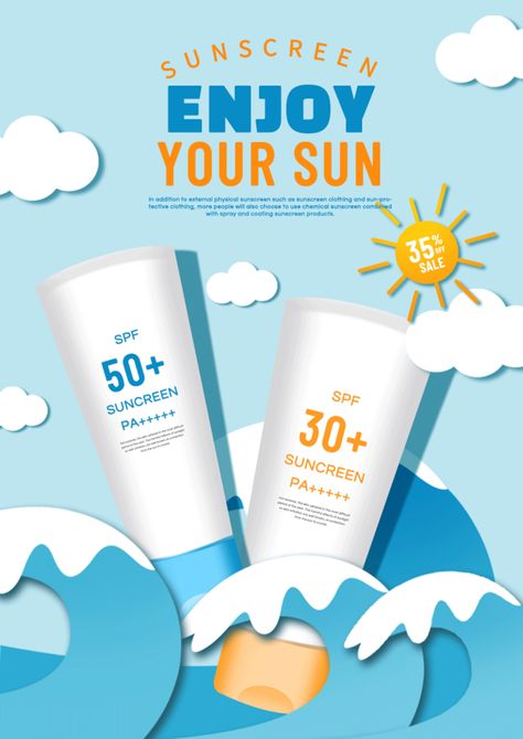 Sunscreen Packaging Design, Sunscreen Packaging, Cosmetics Advertising, Photoshop Tutorial Graphics, Vertical Business Cards, Poster Blue, Chemical Sunscreen, White Clouds, Advertising Poster