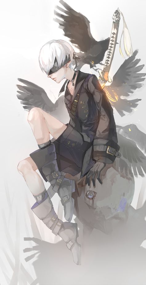 1boy android bird bird_wings blindfold boots buckle choker collarbone gloves highres katana koou_ma lips long_sleeves male_focus nier_(series) nier_automata pale_skin short_hair shorts sitting solo strap sword weapon weapon_on_back white_hair wings yorha_no._9_type_s Nier Characters, Novel Game, 2b Nier Autómata, Nier Automata, Video Game Art, Manga Comics, White Hair, Anime Style, Anime Images