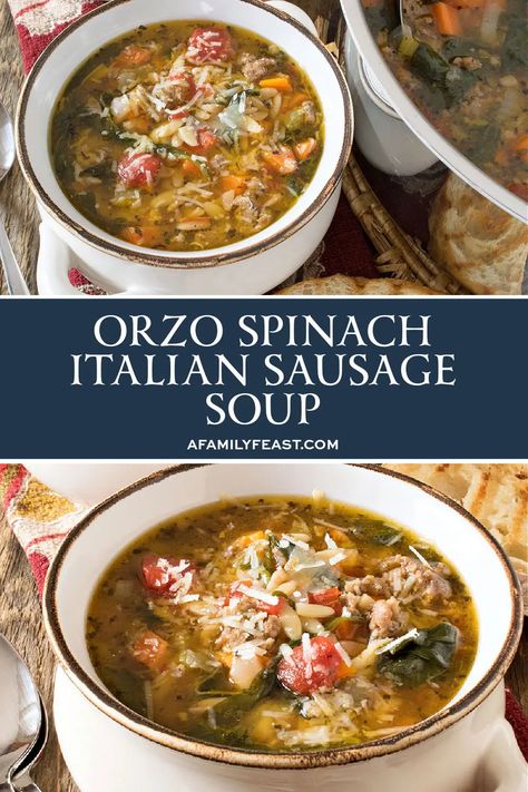 Orzo Spinach Italian Sausage Soup - A Family Feast® Creamy Italian Sausage Orzo Soup, Italian Sausage Spinach Soup, Sausage Spinach Orzo Soup, Sausage Spinach Orzo, Italian Sausage Tomato Orzo Soup, Orzo Spinach, Soup Recipes Healthy Vegetarian, Orzo Soup, Italian Sausage Soup