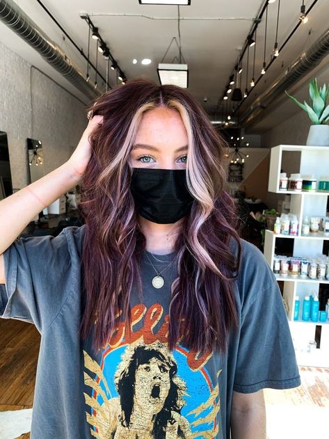 Plum Hair Money Piece, Trendy Hair Fall 2023, Eggplant Hair With Money Piece, Purple Brunette Hair Balayage, Fall Hair Purple Brown, Cute Highlighted Hair Ideas, Dark Plum Hair With Money Piece, Blonde To Plum Hair Before And After, Brown Edgy Hair